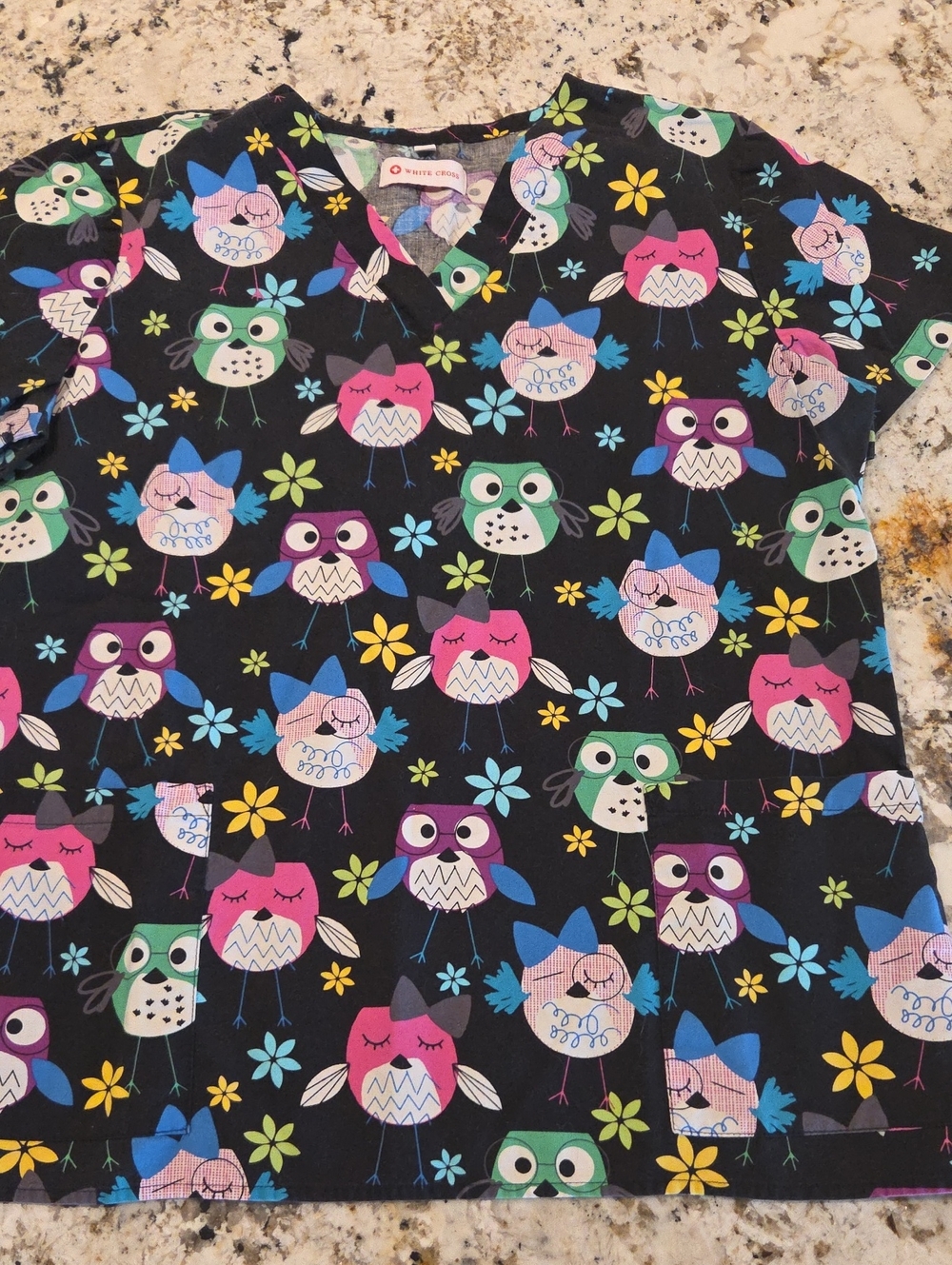 Colorful Owl Print Scrub Top - Black Background